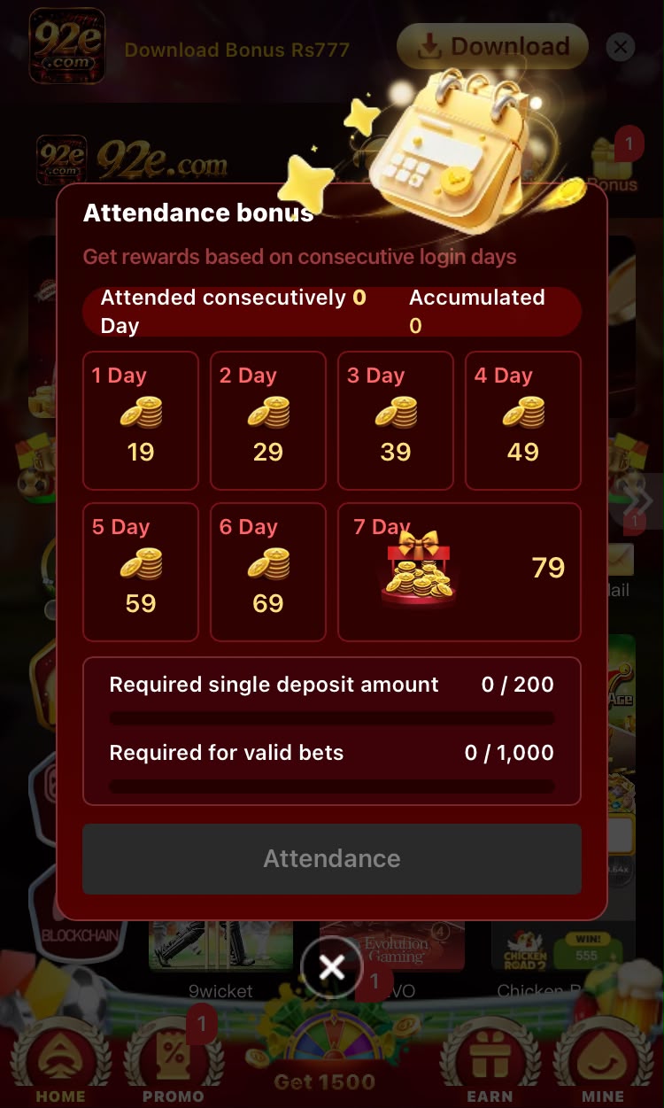 92EPK Casino Game attendance REWARDS Daily