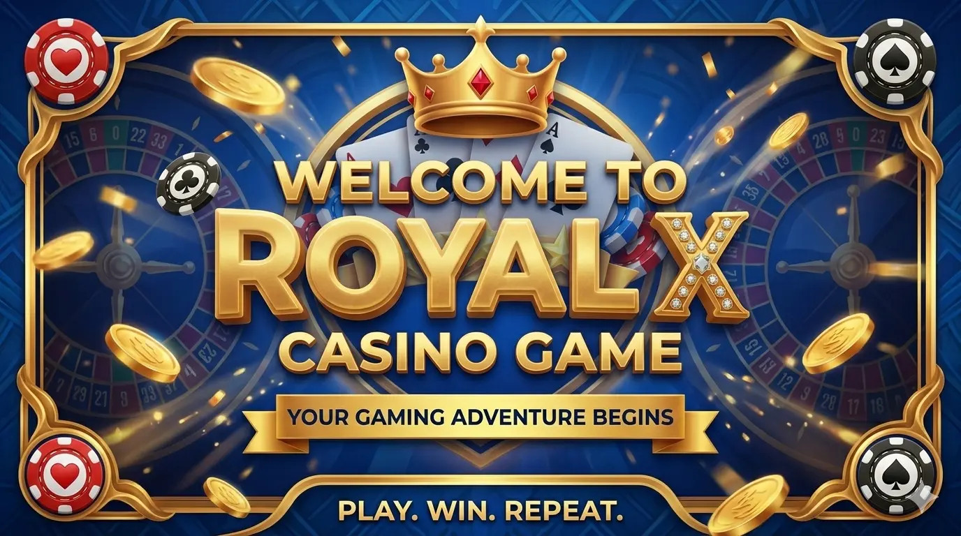 Welcome to Royal X Casino Game Official banner with cards and golden coins